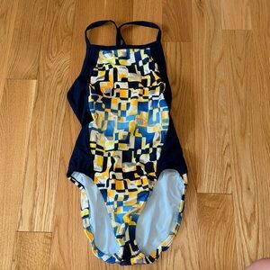 Nike Women’s one piece swimsuit. Blue with yellow and silver. Size 32 / wms 6